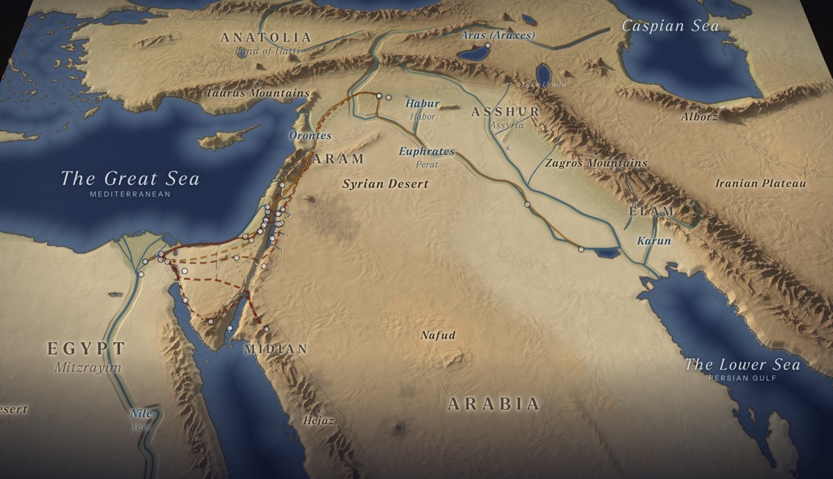 The Torah Atlas: a 3D relief map of the lands of the Torah, from Egypt to the Persian Gulf, with Abraham's route drawn on it
